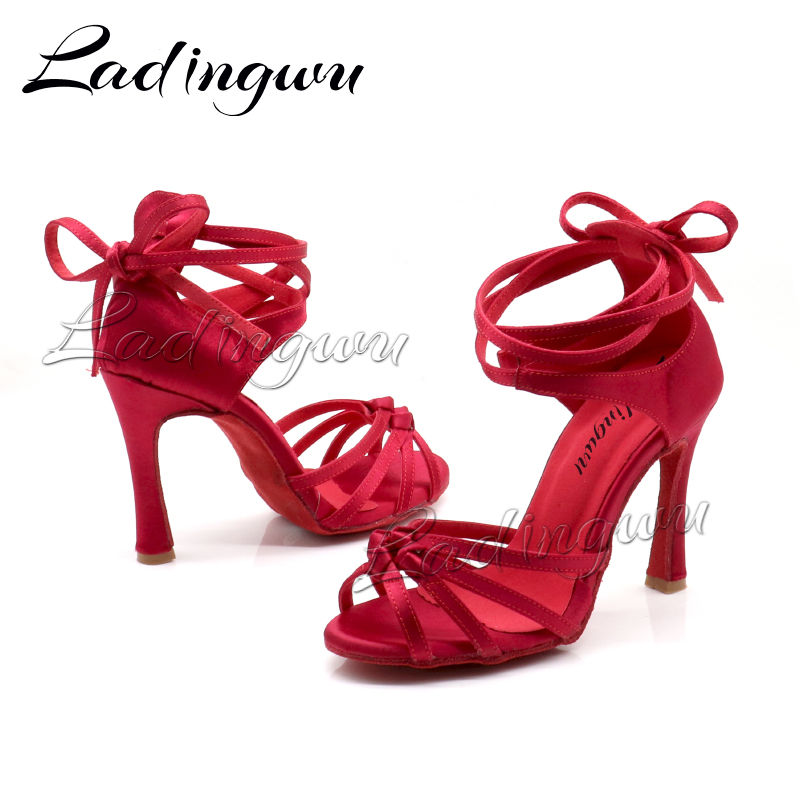 Ladingwu Burgund Satin Latin Dance Schuhe Puttee Vier-Band Knoten Salsa Tanzschuhe Ballsaal Tango Tanzschuhe