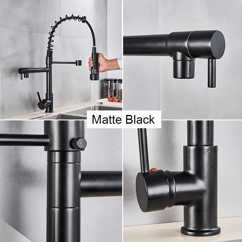 สีดําดึงทองเหลืองก๊อกน้ําอ่างล้างจานร้อนเย็นน้ํา Mixer Crane TAP Dual Spout 360 หมุนสูงก๊อกน้ําติดตั้ง