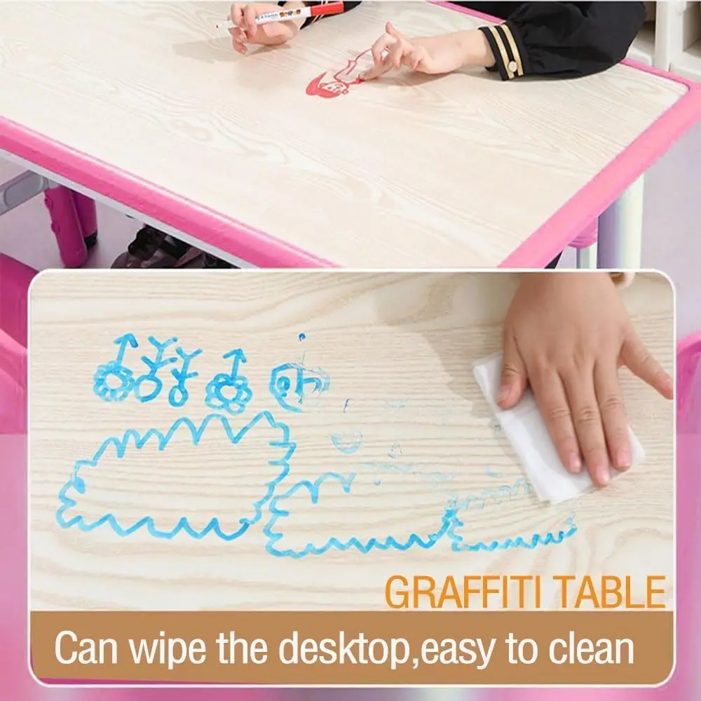 Kindergarten Kids Table and Chairs Set Toddler Height Adjustable Desk with Graffiti Desktop, Arts & Crafts Table with 6 Seats