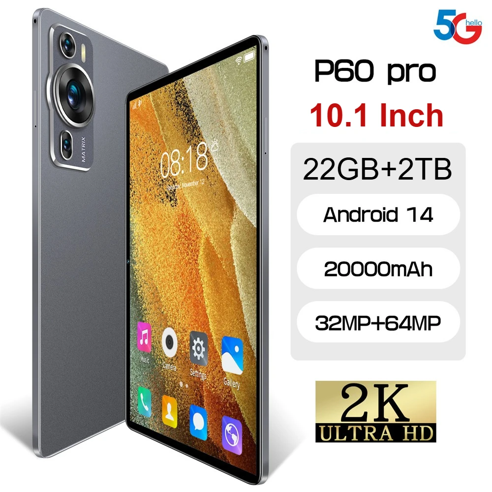 Tablet P60 Pro 5G Dual SIM Android 14 Tab Gezichtsherkenning 20000 mAh 16 GB + 1 TB Tablet 10.1 inch Global Versie Kinderen Tablet PC