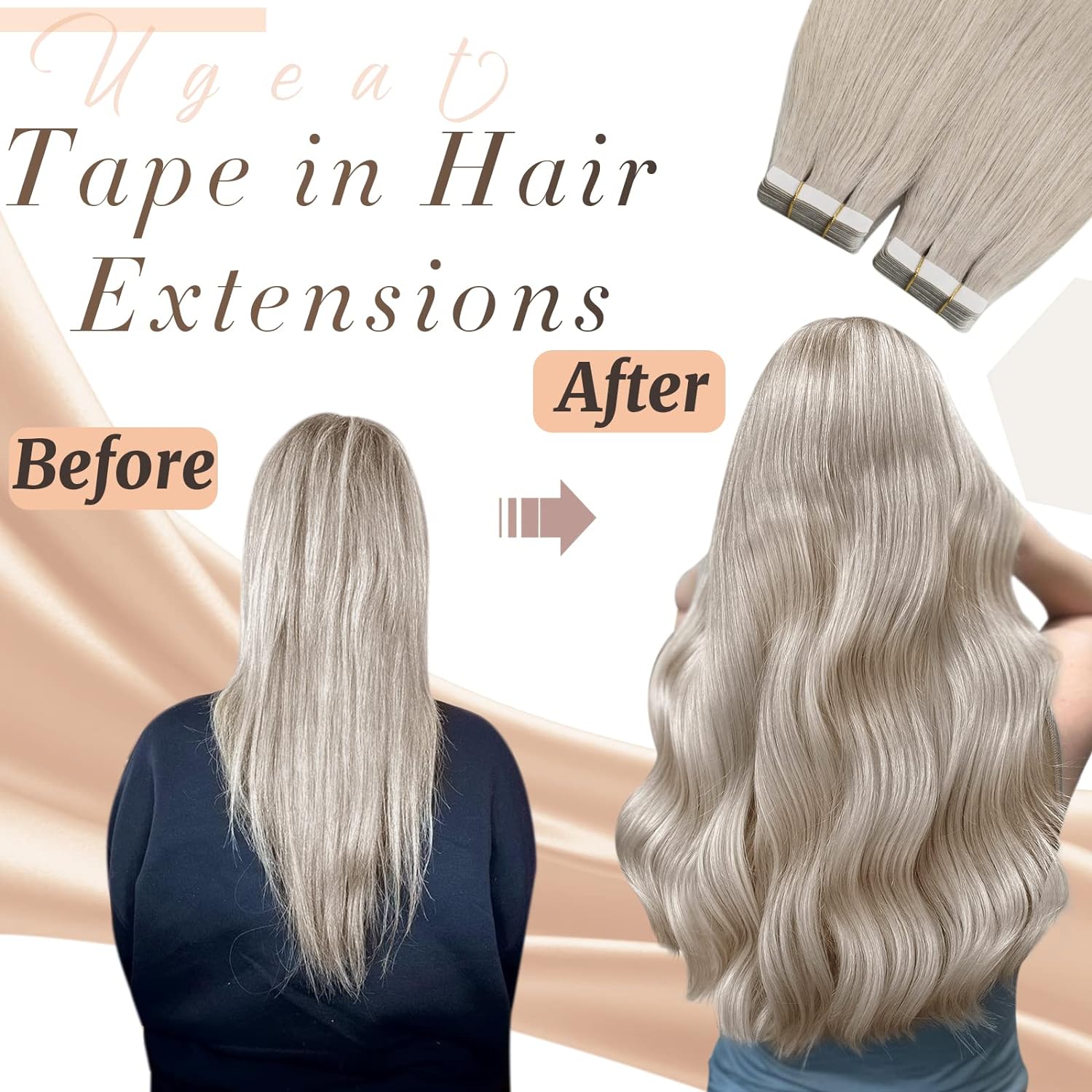 Ugeat Tape-in-Haarverlängerungen, Echthaar, blond, Remy Tape-in-Extensions für Frauen, Platinblond, unsichtbares Echthaar