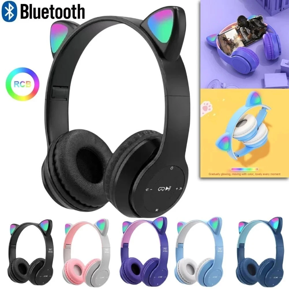 P47M Drahtlose Kopfhörer Blitzlicht Nette Katze Ohren Fone mit Mikrofon Steuerung LED Stereo Musik Helm Telefon Bluetooth Headset Geschenk