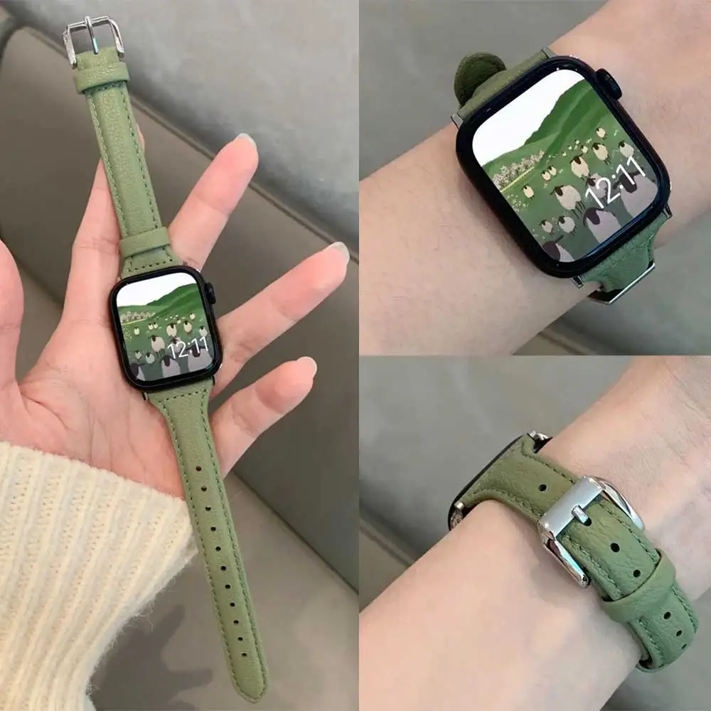 สายหนังบางสําหรับ Apple Watch band ultra-2 49mm series 10 7 8 9 41 มม./45 มม. 38 มม./42 มม. สายรัดข้อมือ iWatch SE 6 5 4 40 มม./44 m