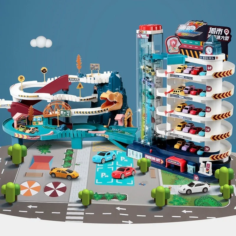 Elektrische Schienenauto Dinosaurier Gebäude Parkplatz Abenteuer Racing Schienenauto Spielzeug Kinder Gehirn Mechanische Interaktive Schienenautos