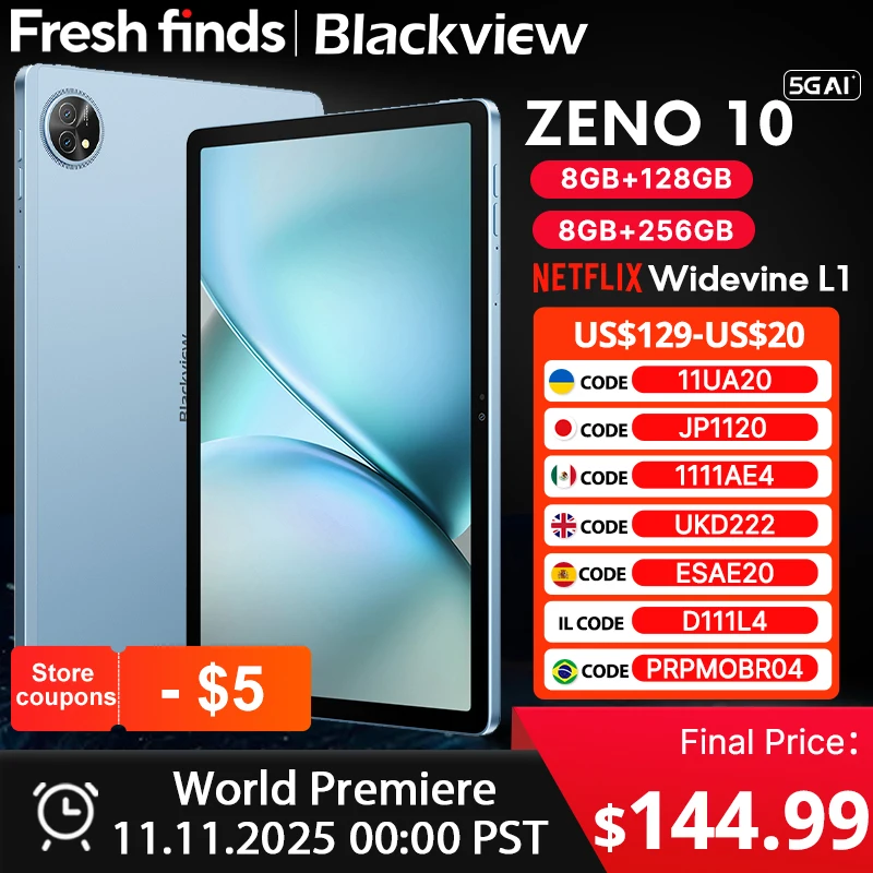 Blackview Zeno 10 5G AI Tablet 11-inch FHD+ 90Hz Display Widevine L1 UNISOC Tiger T8200 8800mAh Quad Speakers Android 15 Pad PC