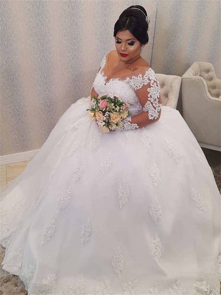 Vestido de noiva manga comprida com pérolas e apliques Beading, vestidos de noiva brancos plus size, ilusão