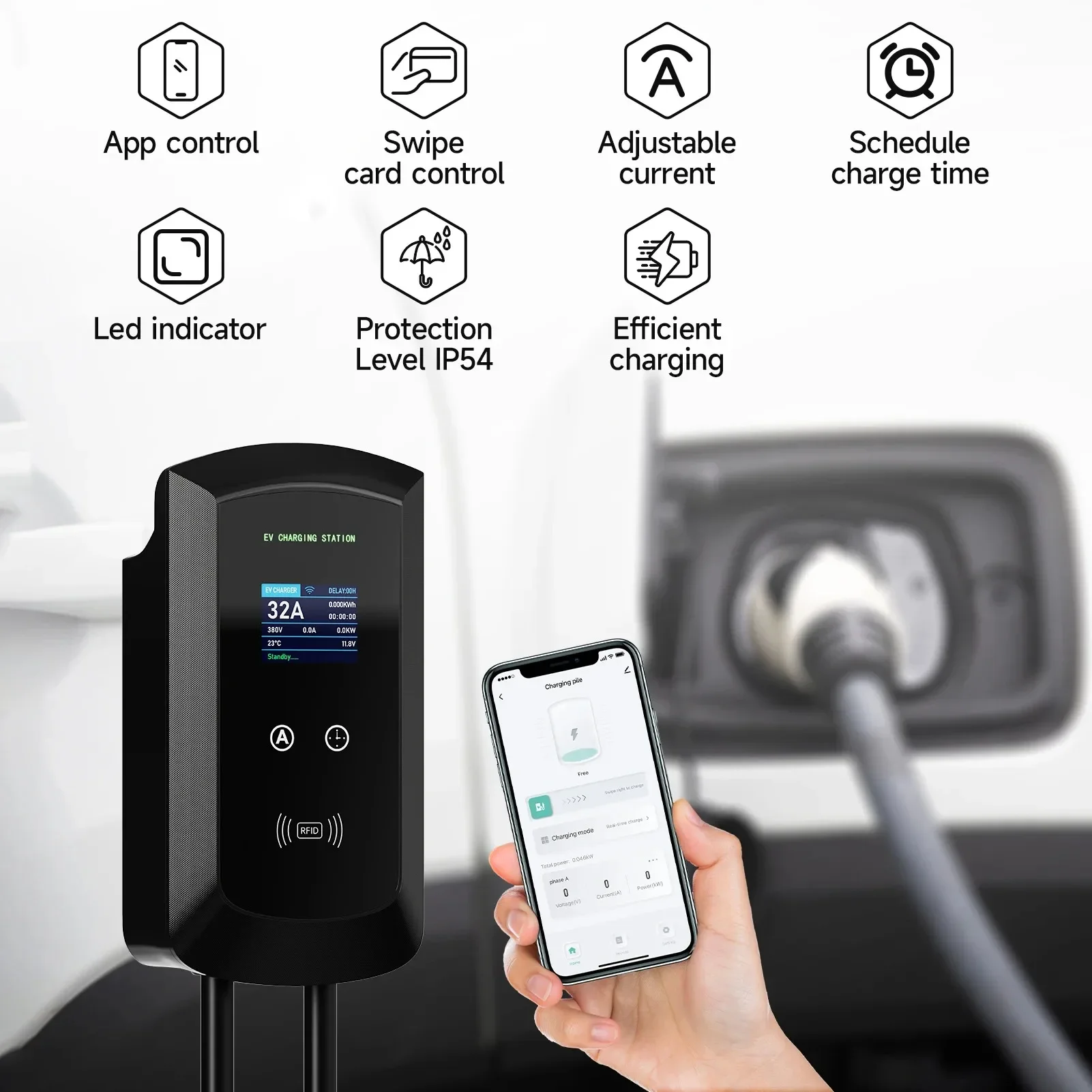 AFEEV 7.6KW/11KW/22KW EV Estación de carga EEC Plug Type2 IEC62196-2 32A Cargador montado en la pared trifásico WiFi Bluetooth Control de aplicación