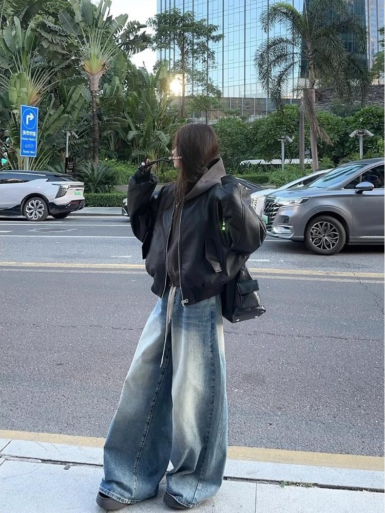 Black Zipper Stand Collar PU Leather Jacket Women's Autumn Winter Loose Casual Motorcycle Jacket Vintage American Sle