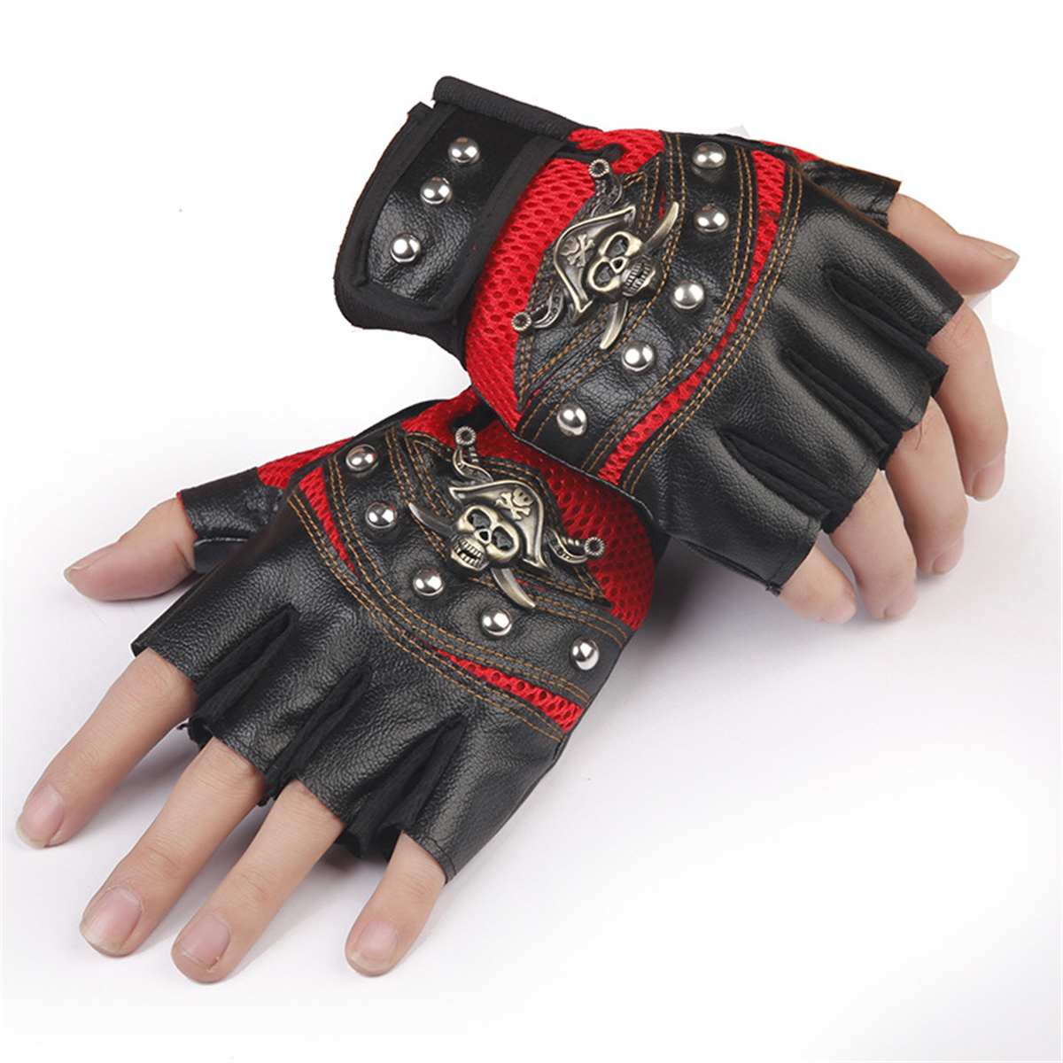 Luvas sem dedos de couro PU, luvas de rebite de caveira masculina e feminina, capitão pirata, luvas de fitness hip-hop, motocicleta ha