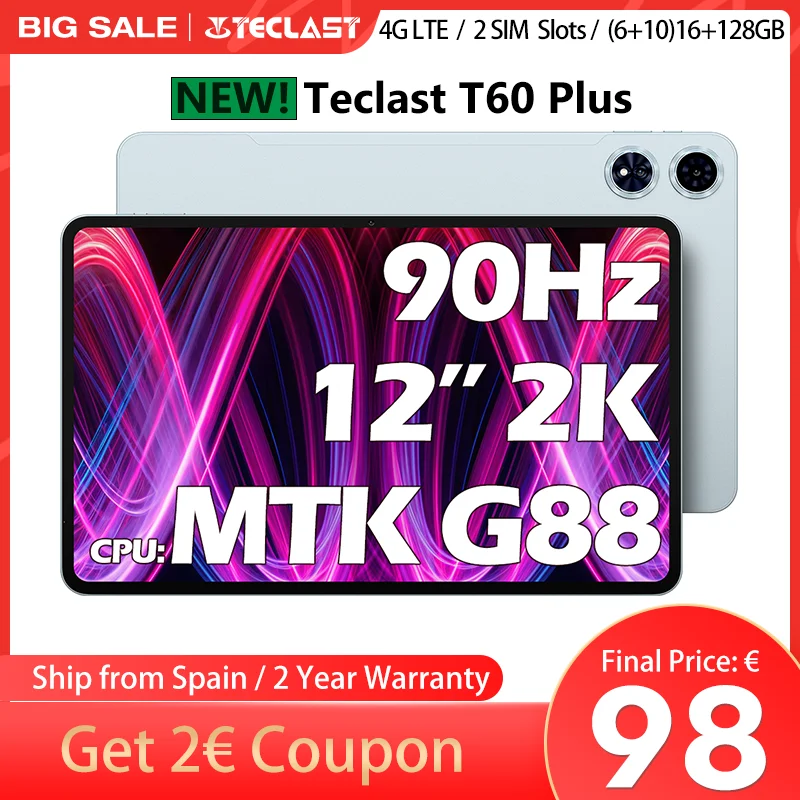 【Światowa premiera】Teclast T60 Plus 12 "90 Hz 2K wyświetlacz Android 14 L1 MTK Helio G88 6 GB/128 GB 8000 mAh bateria 4G LTE wersja globalna
