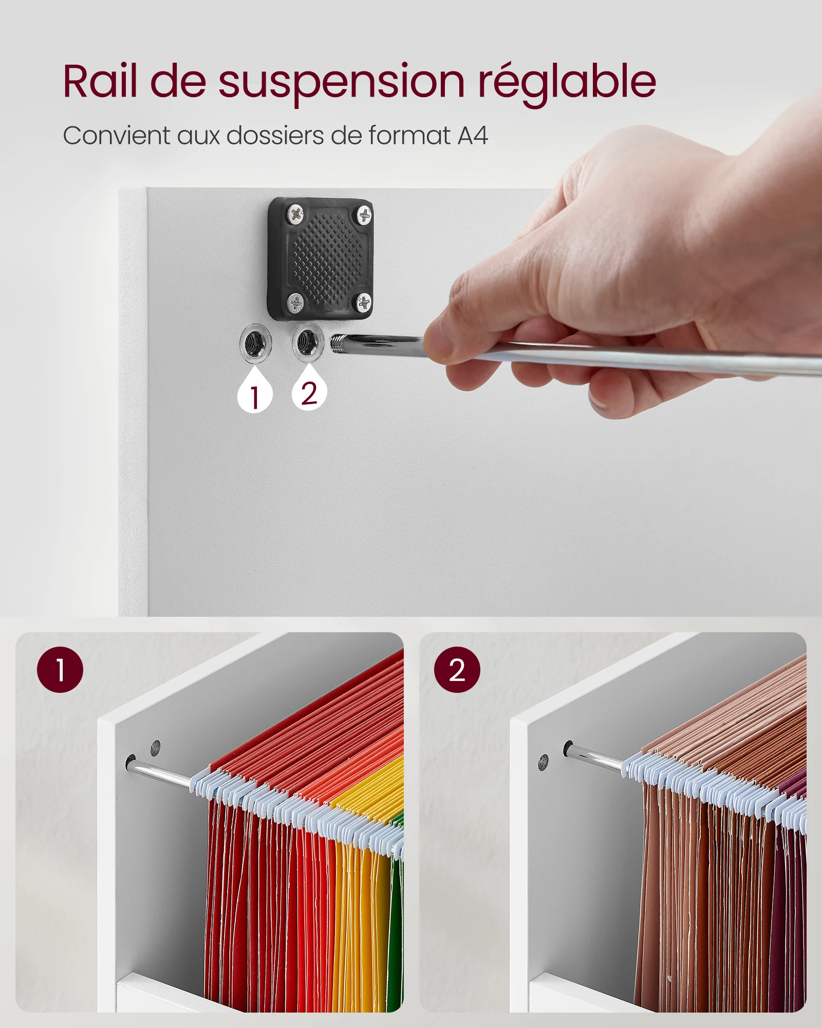 VASAGLE Caisson de Bureau à 3 Tiroirs, Meuble de Rangement de Document, Support d’Imprimante, 3 Tiroirs Verrouillables, Rail de Suspension Réglable, pour Dossiers A4