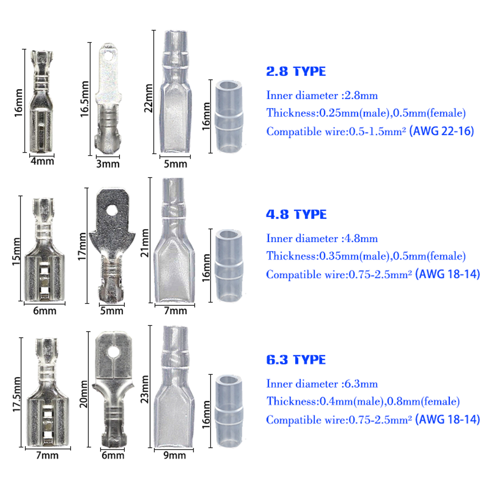 100/200 Uds 2,8/4,8/6,3mm conector de Terminal de engarzado hembra y macho juego de conectores de cable eléctrico de altavoz de coche de latón dorado/plateado