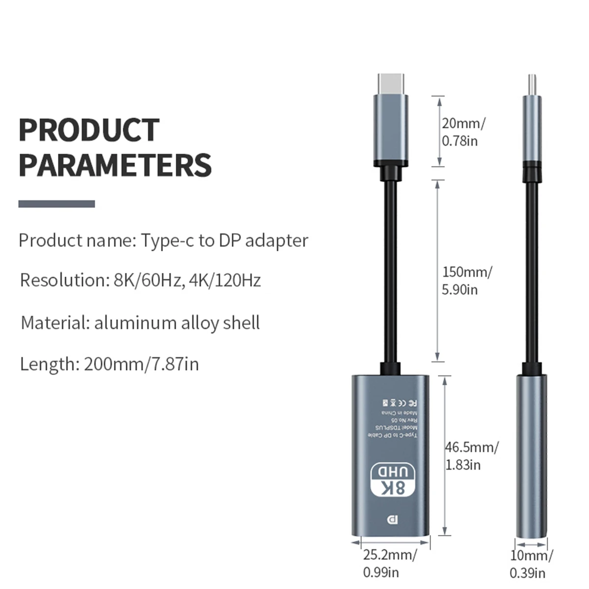 8K60Hz USB-C auf DP-Konverter, Aluminiumgehäuse Typ-C auf DP-Adapter für MacBook, Tablet, Mobiltelefon, Laptop