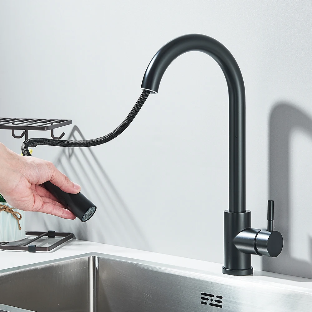 Robinet de cuisine noir flexible à nervures, buse à 2 modes, eau chaude et froide, pulvérisateur monté sur le pont du centre commercial, flux SUS 304 F/05 ets