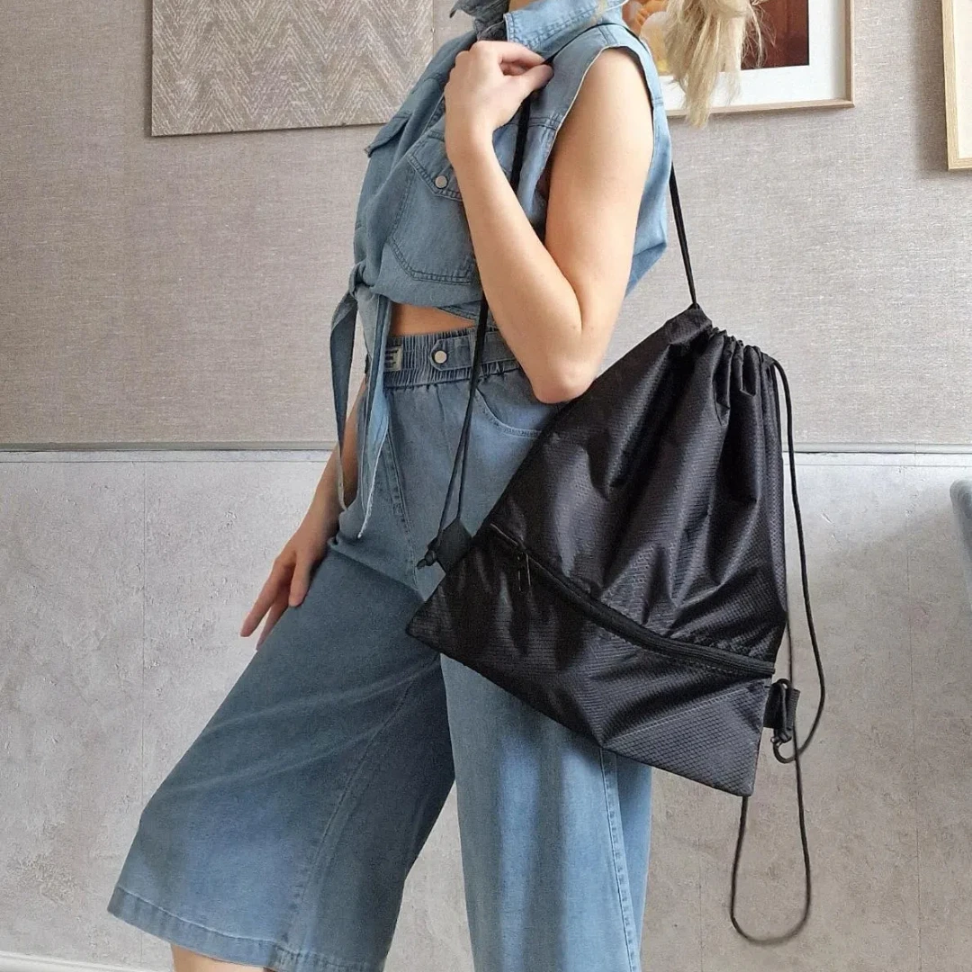 Mochila portátil com cordão – Bolsa leve dobrável para viagens, academia e atividades ao ar livre
