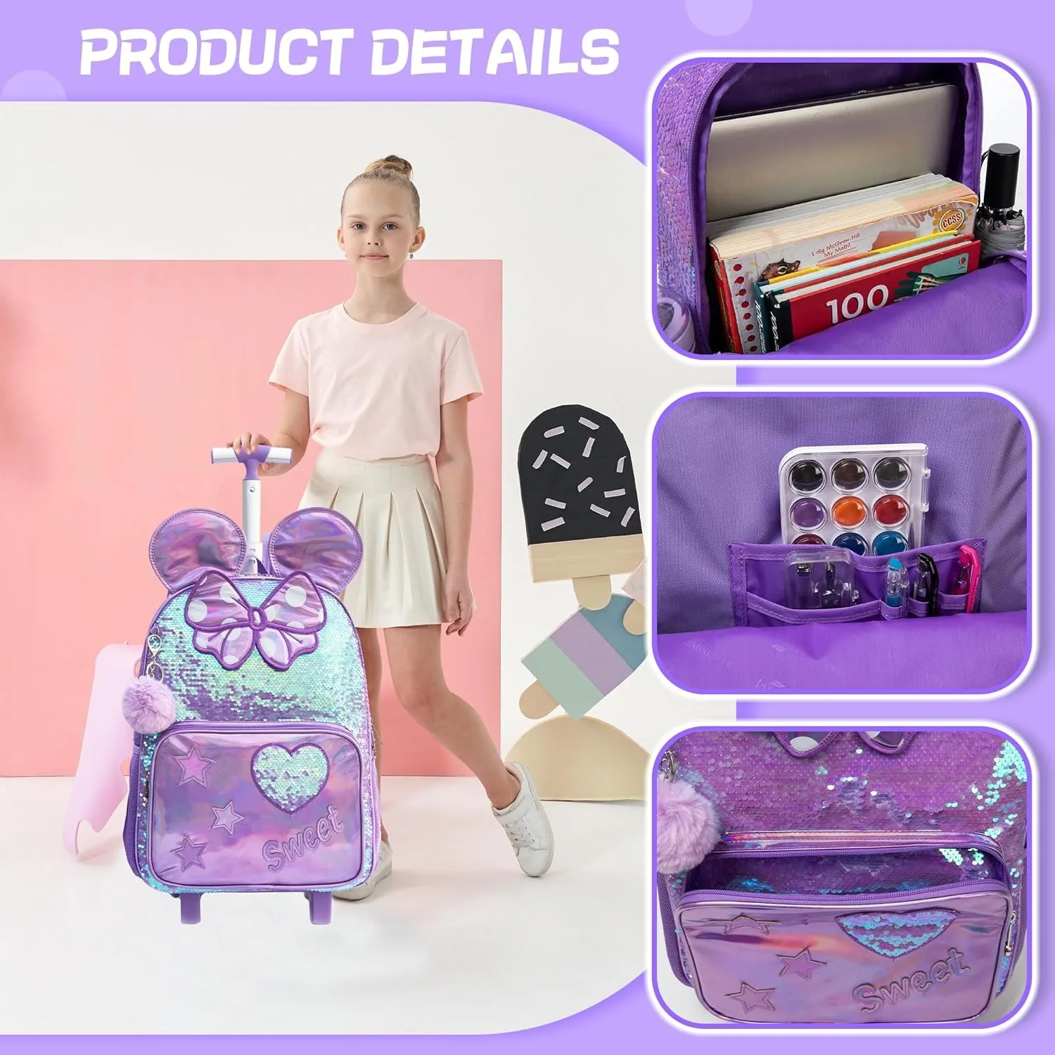 Schultaschen 3PCS Nette Mädchen Roll Trolley Rucksack Primäre Kinder Rucksäcke Mädchen mit Rädern Zurück Zu Schule Student Taschen