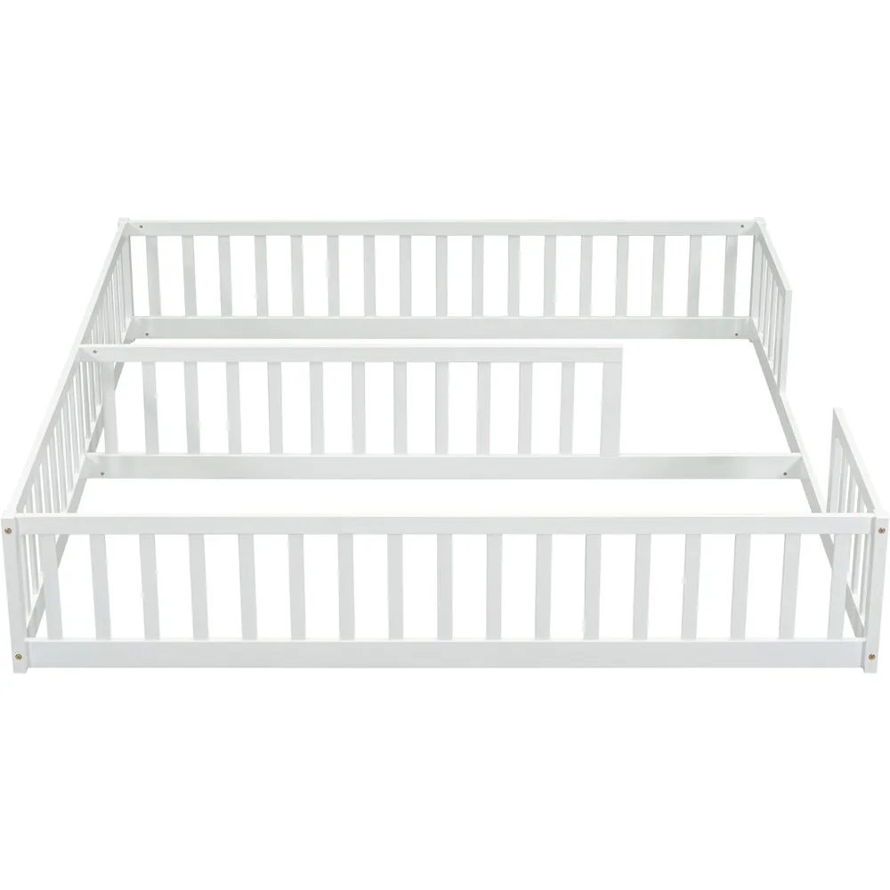 Size Double Frame Floor Bed with Fence, Montessori Floor Bed w/Safety Guardrails for Girls, Boys, No Box Spring Needed, White