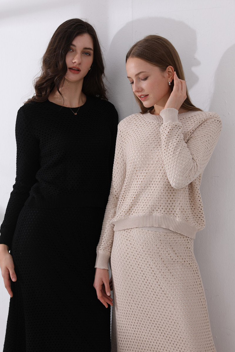 AS 2024 Conjunto de roupas femininas de malha oca com forro + saias maxi (envie em 1 dia)