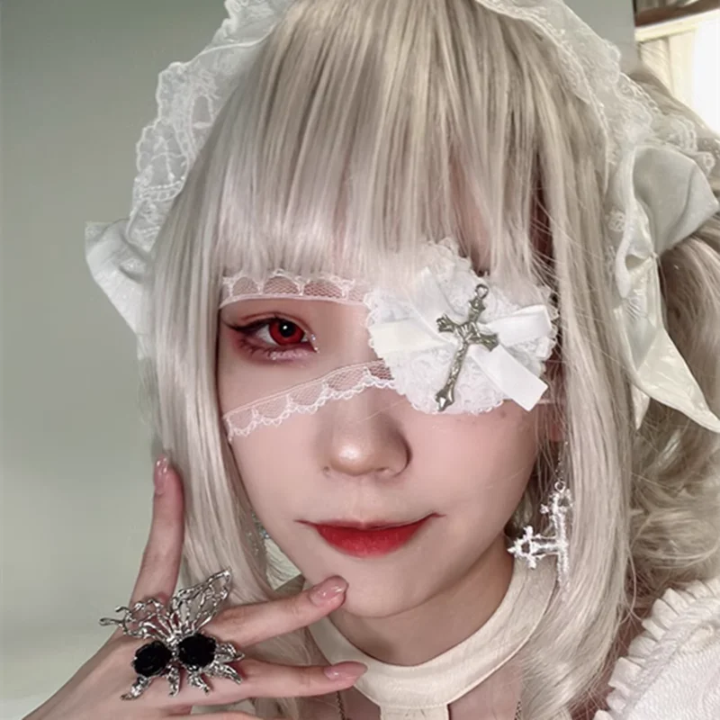 Halloween Punk Gothic Cross Eye Mask Cosplay Lolita Eye Patch Lace Heart Bow Eyewear Accessories Carnival Props