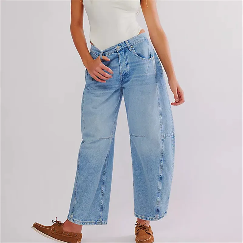 Barrel Jeans Damen Casual Baggy Wide Leg Hufeisen Denim Hose Y2k Boyfriend Vintage Tapered Jeans Mid Rise Cropped Barrel Hose