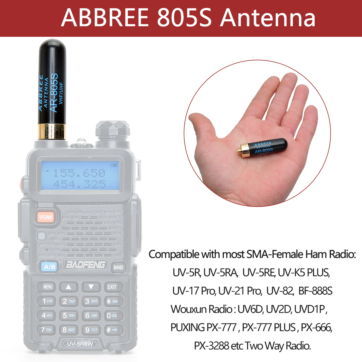 ABBREE ミニトランシーバーアンテナ AR-805S SMA-メスデュアルバンド高利得アンテナ Baofeng BF-888S UV-5R UV-21 プロアマチュア無線