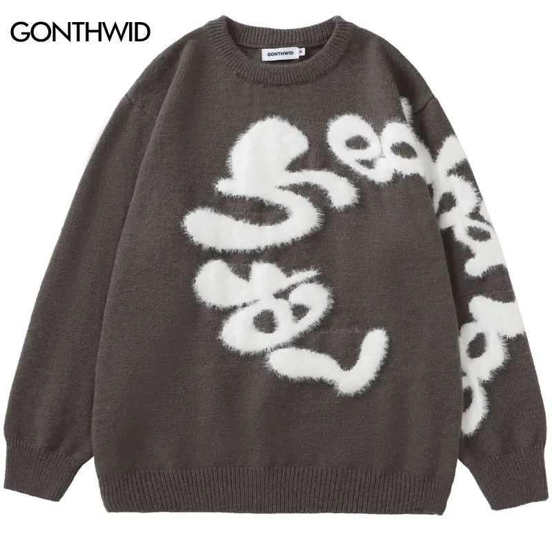 Harajuku Flauschigen Brief Pullover Hip Hop Gestrickte Jumper Streetwear 2024 Männer Mode Lässig Lose Pullover Pullover Strickwaren