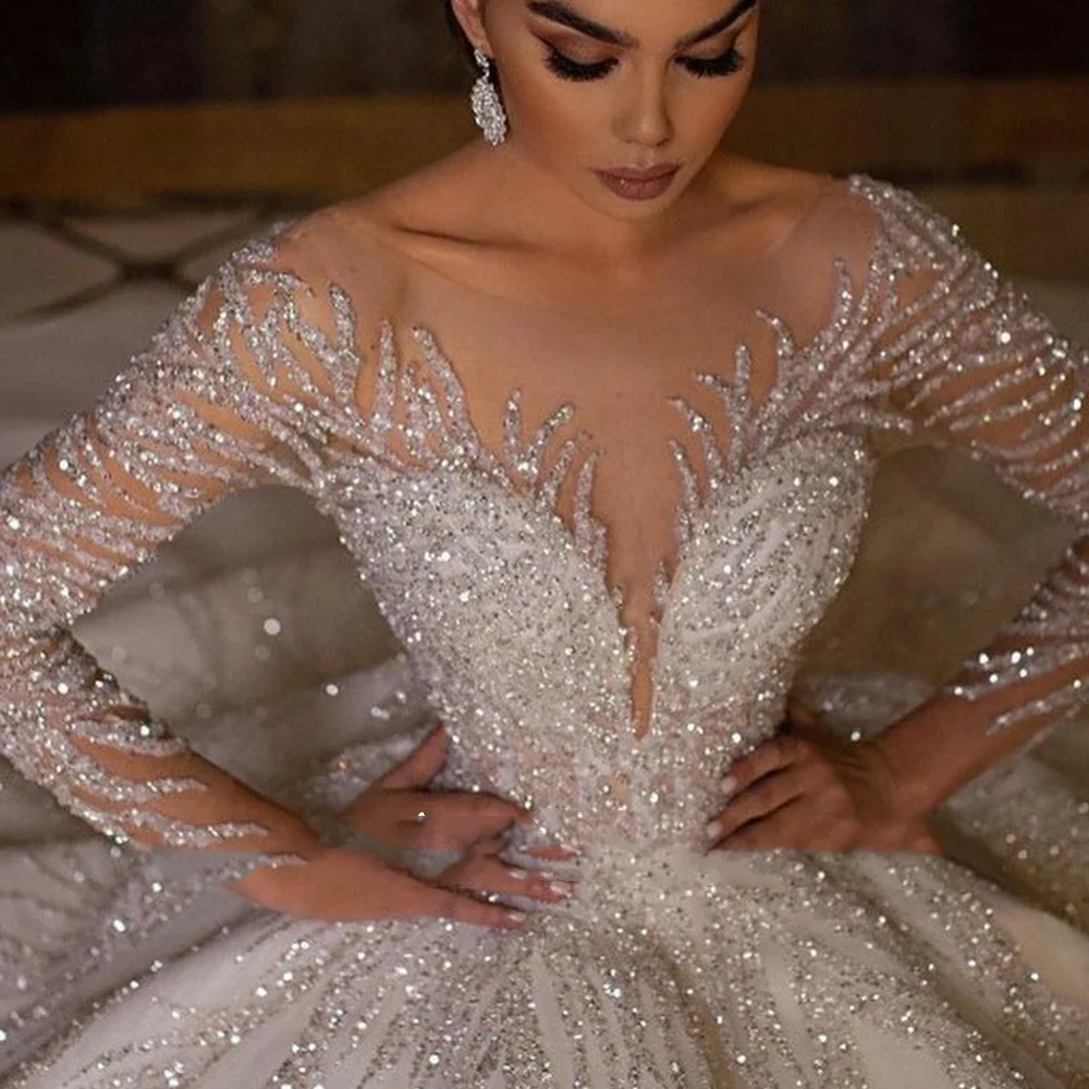 Flavinke ที่กําหนดเอง Vestidos De Novia แขนยาวเงาชุดบอลชุดแต่งงานชุด Backless Robe Mariage Sequined Vintage Trouwjurk