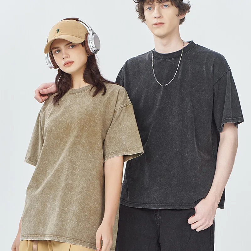 カスタマイズされたロゴヘビーウェイトウォッシュ加工 Tシャツユニセックスヴィンテージコットンバティックメンズ Tシャツストリート最小注文数量 1