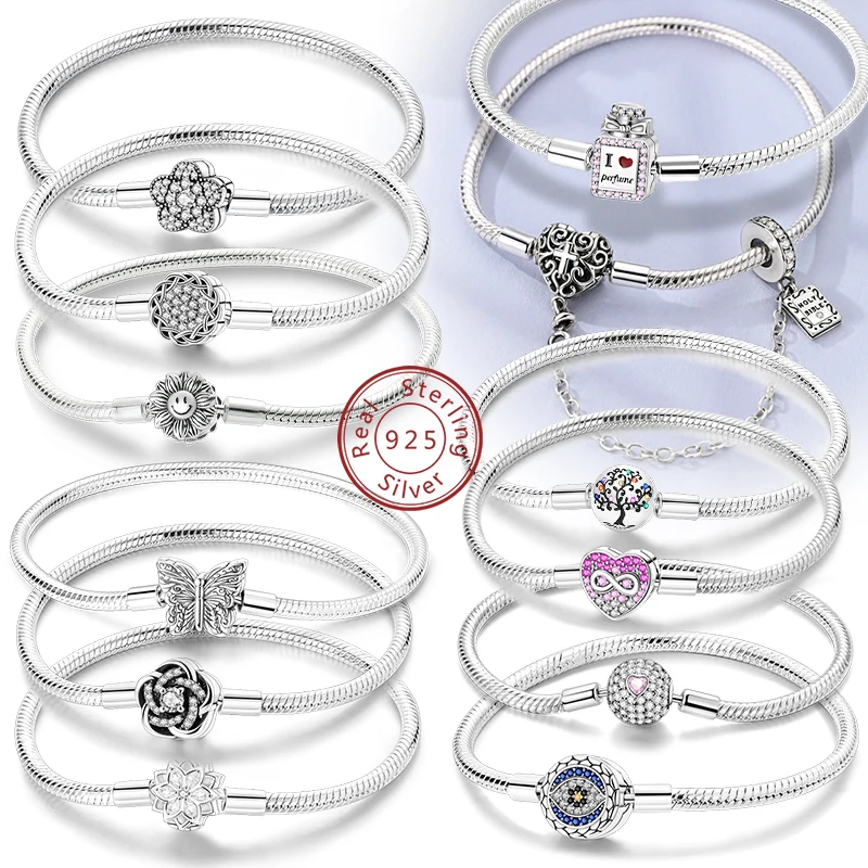 Original 925 Sterling Silber Armbänder 17-20 CM Liebe Herz Blumen Schmetterling Charms Perlen Armband Für Frauen Mode Schmuck geschenk