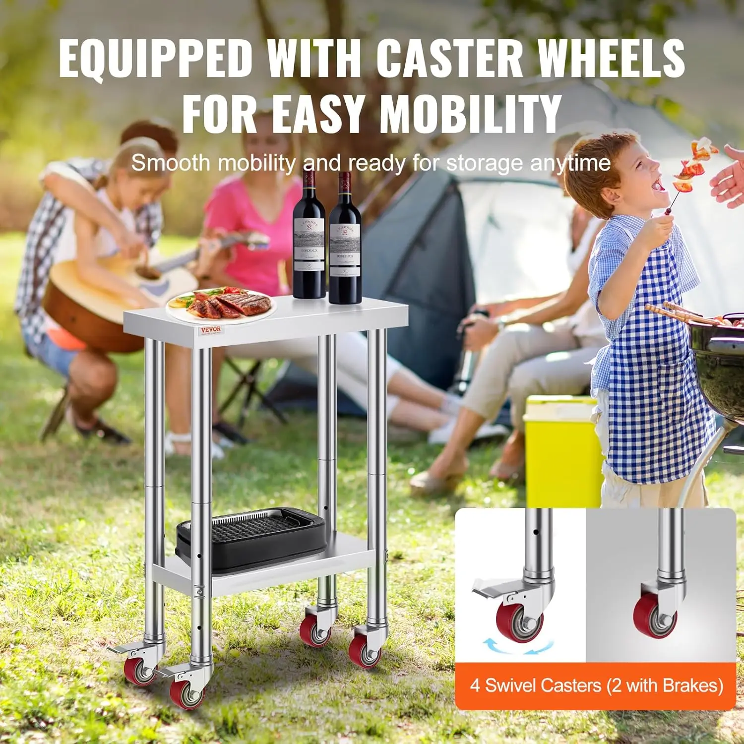 Stainless Steel Work Table with Wheels 24 x 12 x 32 Inch Prep Table with 4 Casters Heavy Duty Work Table