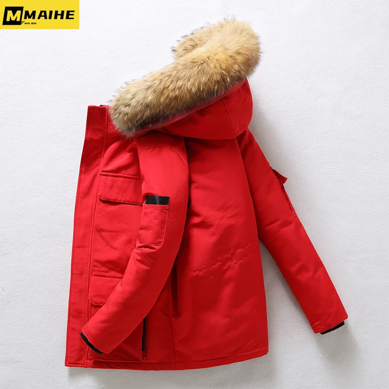 Роскошный пуховик, Мужская Длинная зимняя теплая легкая куртка, Мужская парка со съемным меховым воротником и капюшоном на белом утином пуху