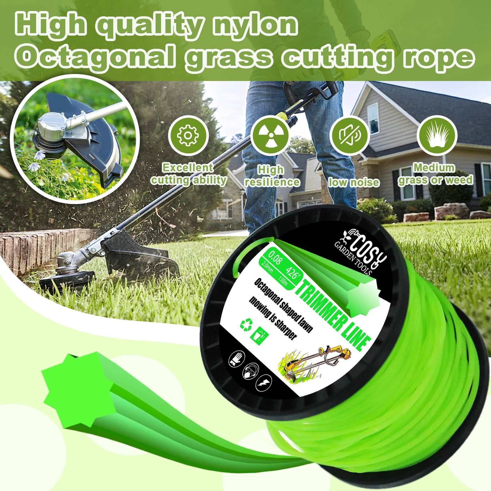 COSY 59m~130m Octagonal Shape Mowing Trimmer Line Nylon Trimmer Head String for Grass Grass Rope Line Brushcutter Wires