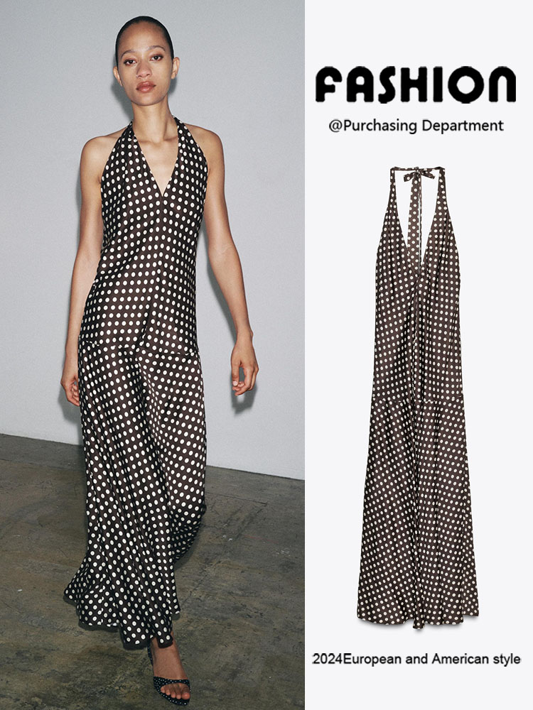 Vestido de Verão Novo Sexy Sem Costas e Sem Mangas com Estampa de Poá, Design de Pescoço Caído, Estilo Casual e E