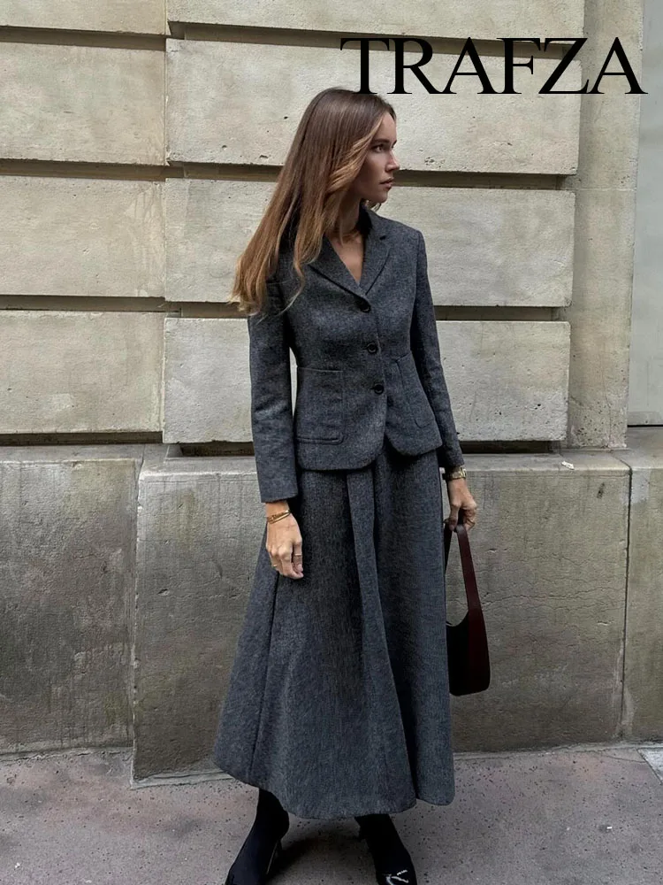 TRAFZA-Conjuntos de moda para mujer, chaqueta ajustada con cuello de pico liso + falda larga holgada y cómoda de estilo minimalista para mujer 2023