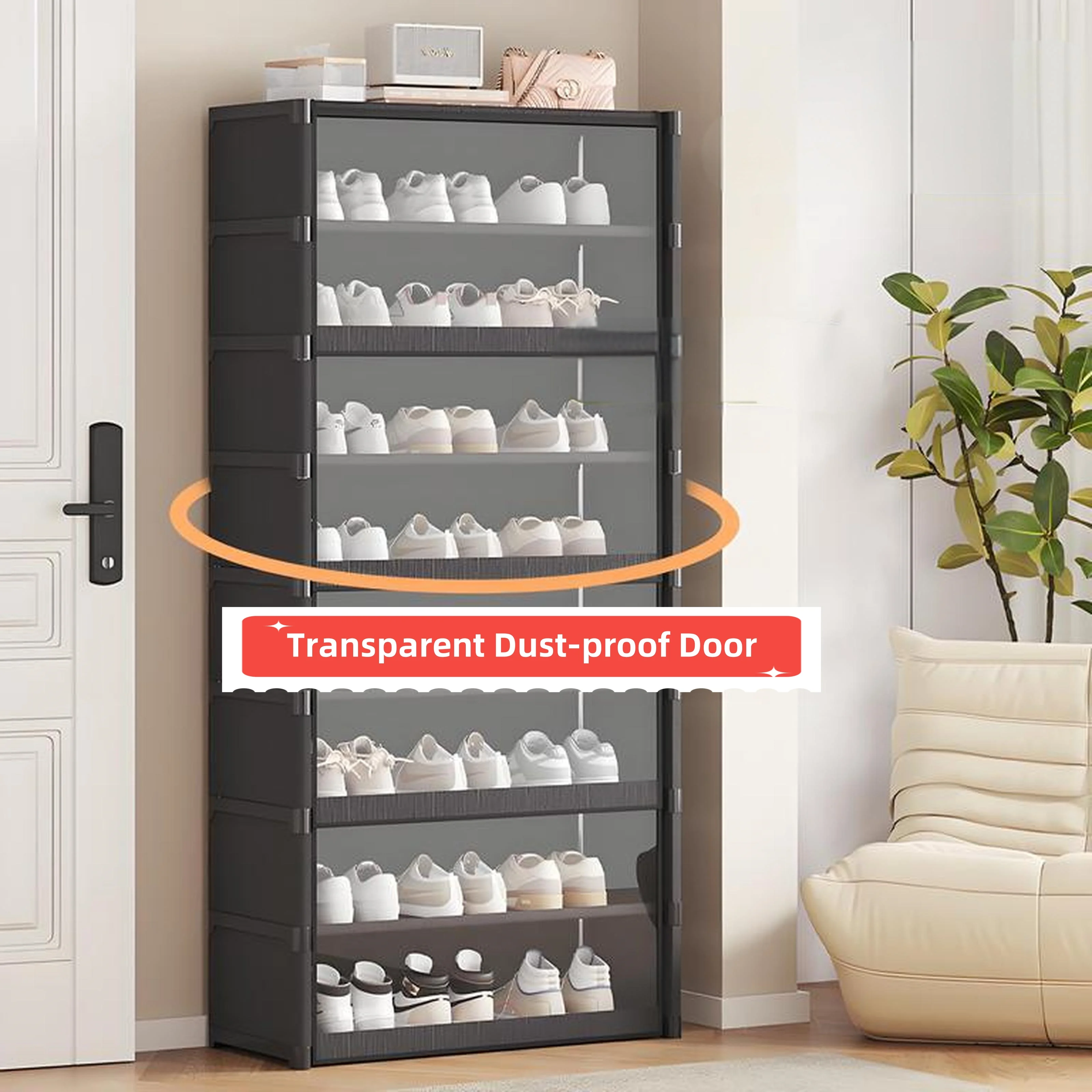 Large Dustproof Shoe Storage Organizer Rack With Clear Door Slipper Sneaker Storage Cabinet Box Plastic High-top Stackable Shelf