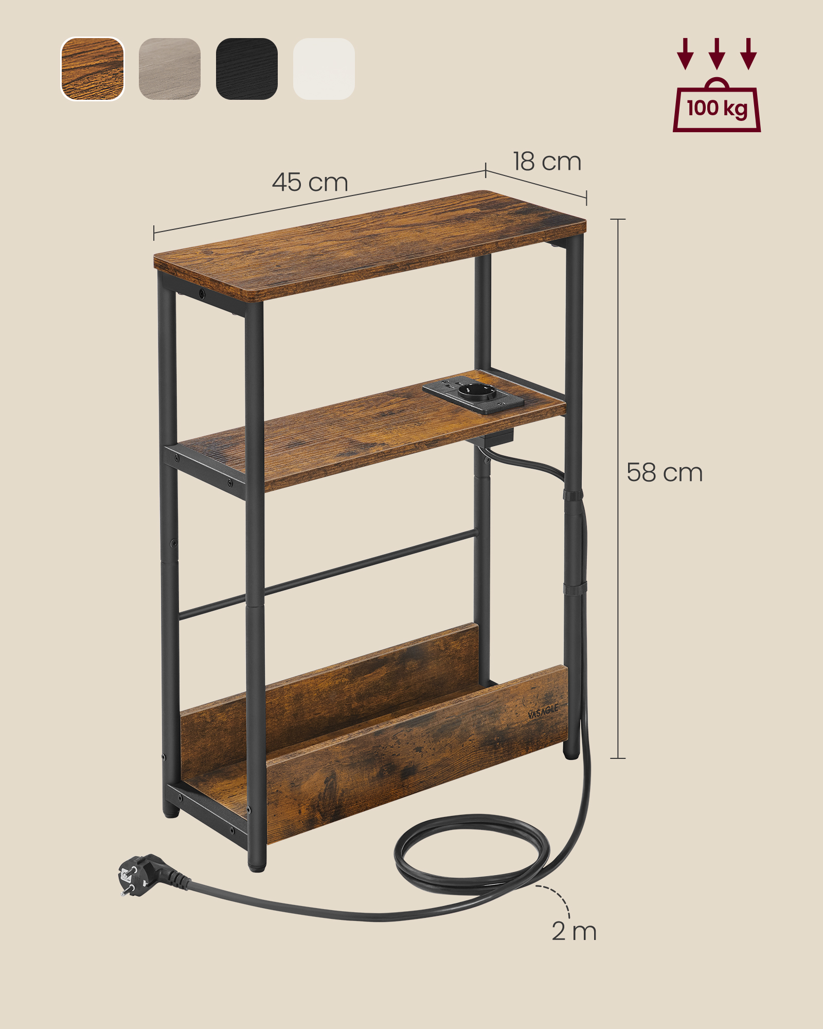 VASAGLE Beistelltisch, schmal, Nachttisch mit Ladefunktion, 3 Ablagen, Zeitschriftenhalter