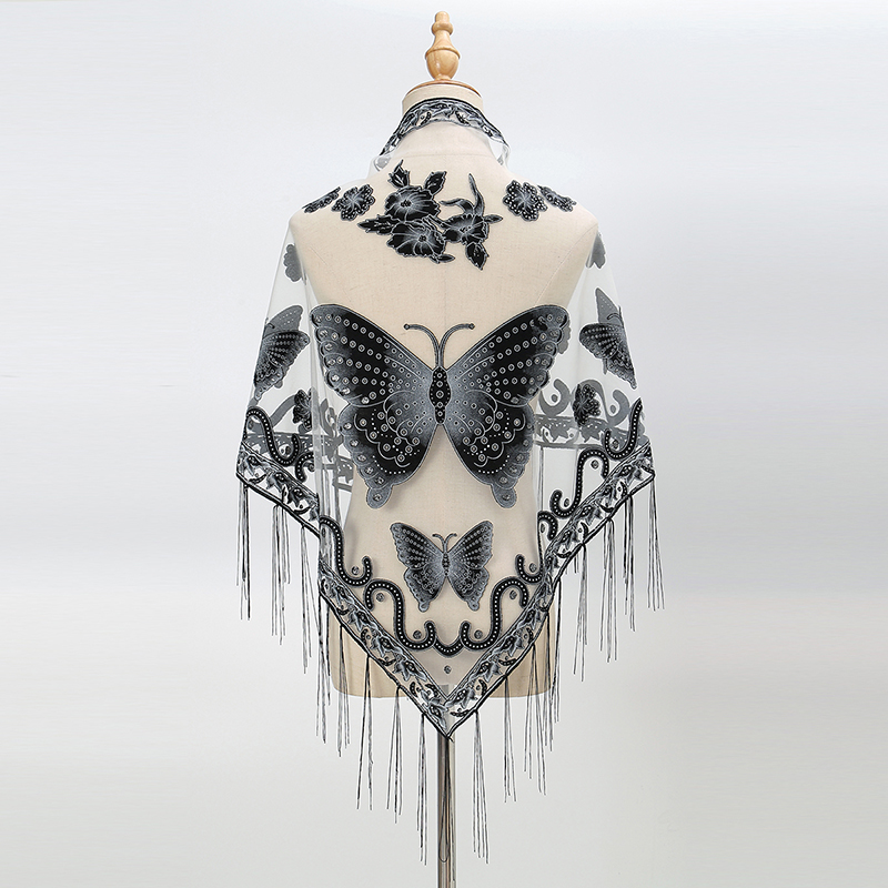 Bufanda de encaje con estampado de mariposa para mujer, chal de borla triangular, elegante, de Color sólido, brillante, capa de moda, 150x65cm