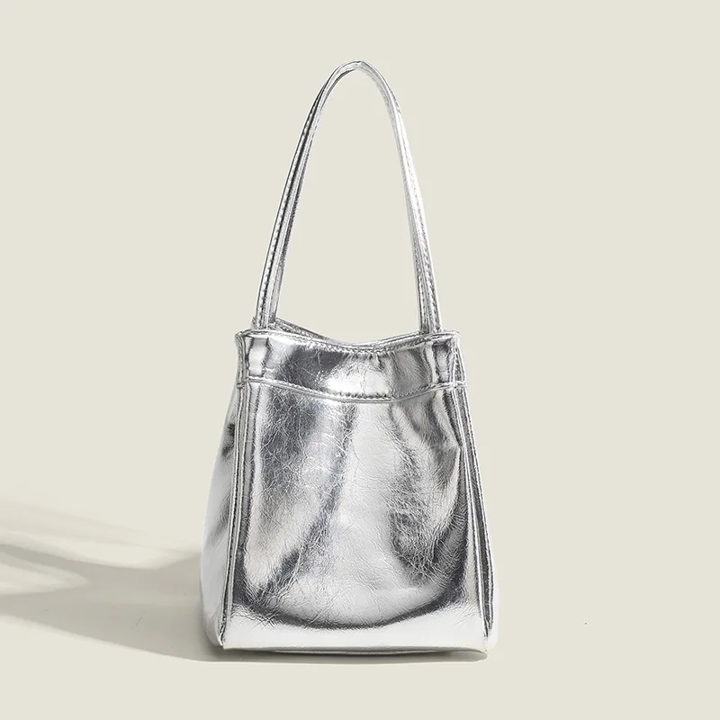 女性用シルバーバケットバッグ,弁当箱バッグ,ファッショナブルでシンプル,ニッチ,小さなハンドバッグ,ウエスタンスタイルの質感,新しい,2024