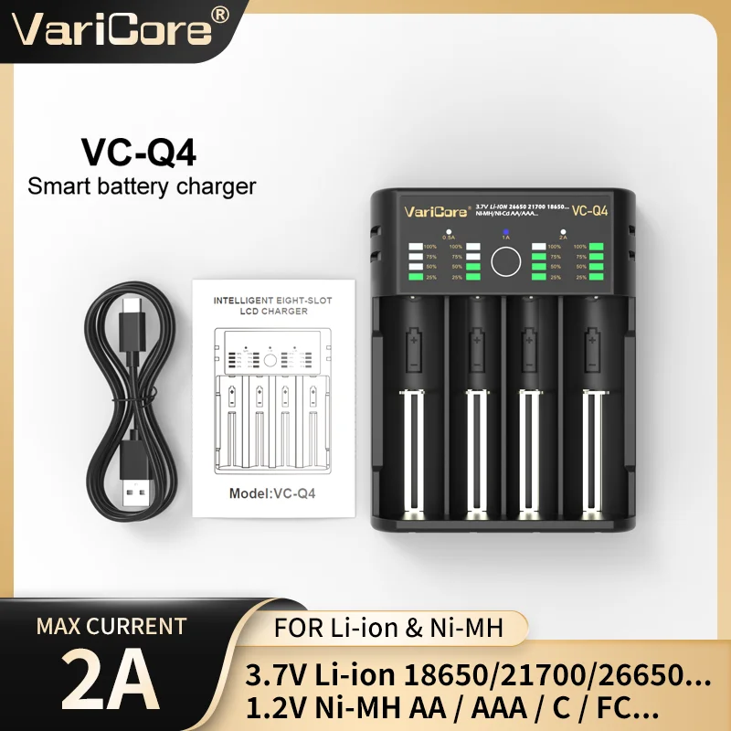 VariCore VCQ4 cargador de batería inteligente portátil de 4 ranuras para 3,7 V litio 18650 26650 21700 18500 18350 1,2 V NI-MH ni-cd AA AAA