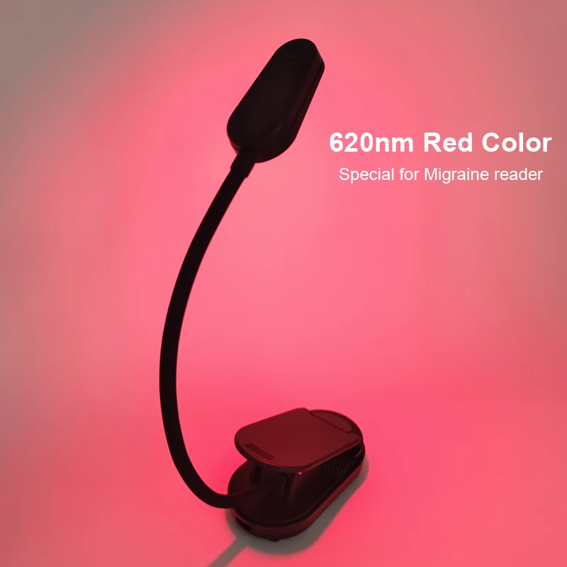 Luz de libro con Clip roja de 620nm, luz de lectura portátil recargable, sin luz azul, cuidado de los ojos para la hora de dormir, luz nocturna para aliviar la migraña