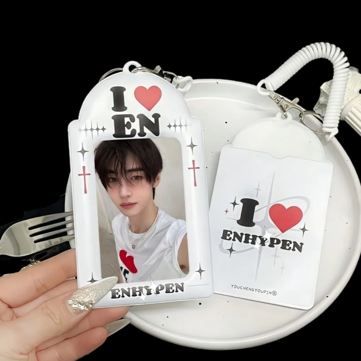 Romantic White Love En Photo Card Holder, Kpop Creative Star Photo Card Display, En Photo Card Holder, 3-3.5inch Idol Photo Card Holder, Star Cross Heart Idol Peripheral Album Polaroid Photo Card Holder Display
