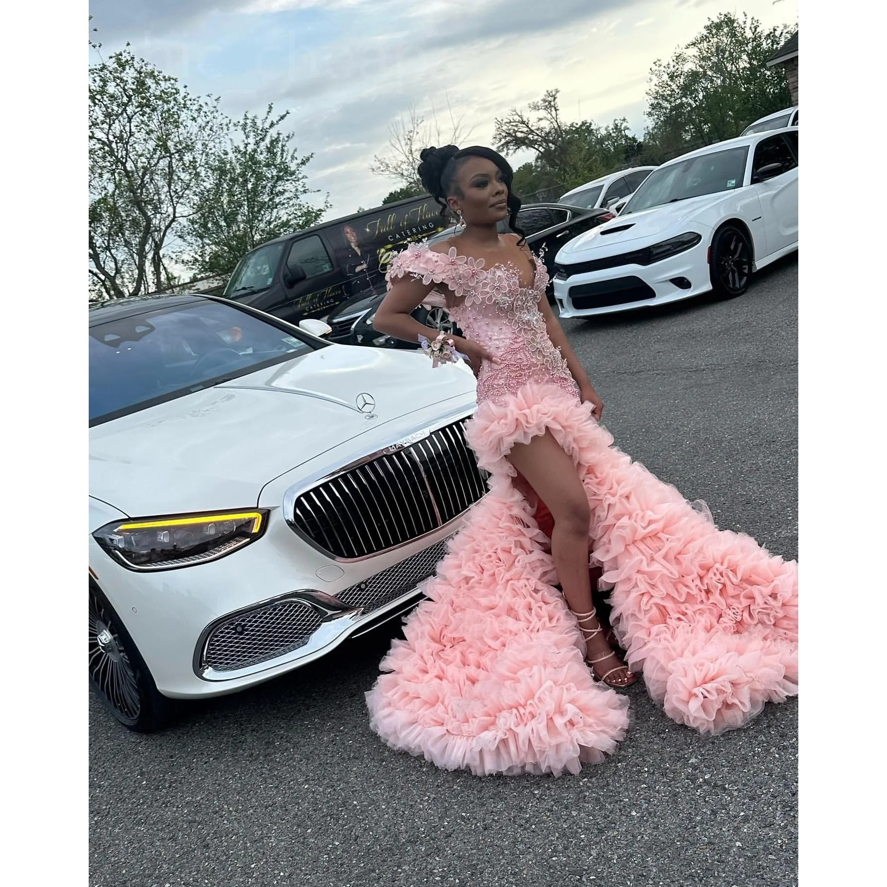 Robe de Soirée de Forme Sirène en Tulle Rose, Tenue de Standing Superposée avec Perles Florales, à Volants