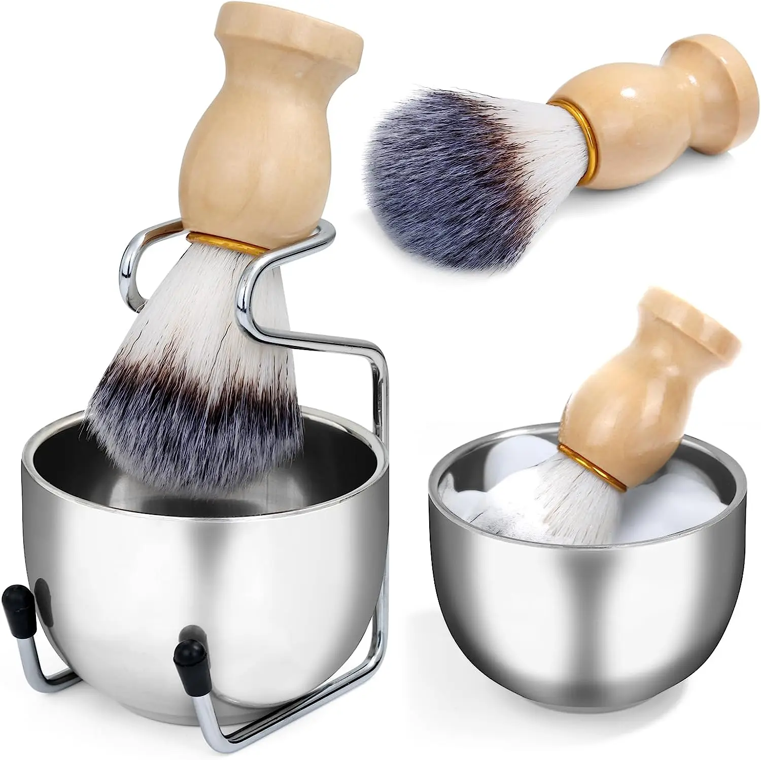 Juego de brocha y tazón de afeitar para hombre, kit de brocha de afeitar 3 en 1, mango de madera con tazón de afeitar de acero inoxidable y soporte para brochas