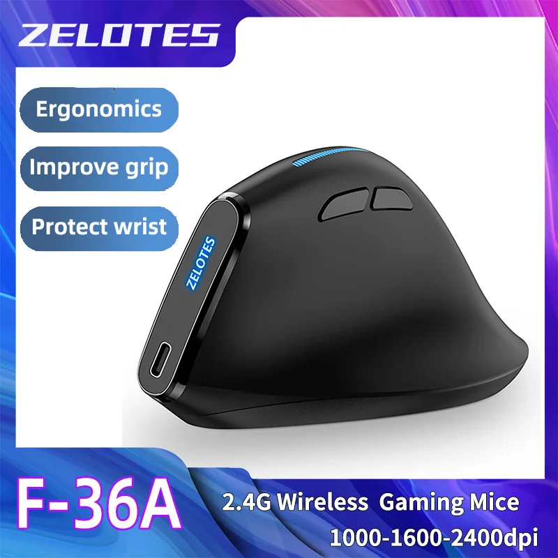 ZELOTES F36A แนวตั้งมือถือไร้สายเมาส์ไร้สาย 2.4G เมาส์แล็ปท็อปแบบชาร์จไฟได้ 6 ปุ่มเมาส์ออปติคอล 3 ระดับ DPI แผ่น