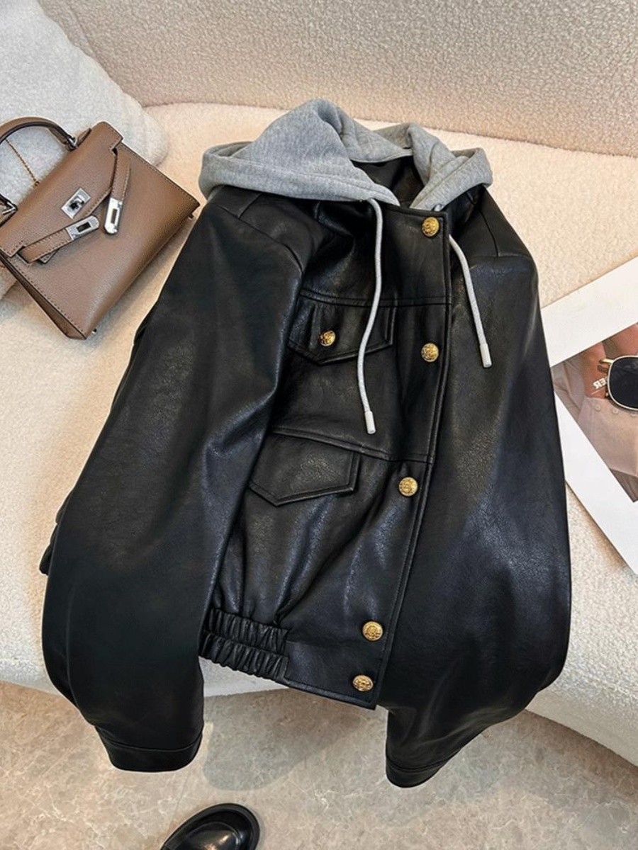 プラスサイズルーズ 300 ポンド脂肪 MM 偽ツーピースフード付きジャケット秋冬カジュアルヴィンテージオートバイ服ジャケットトップ