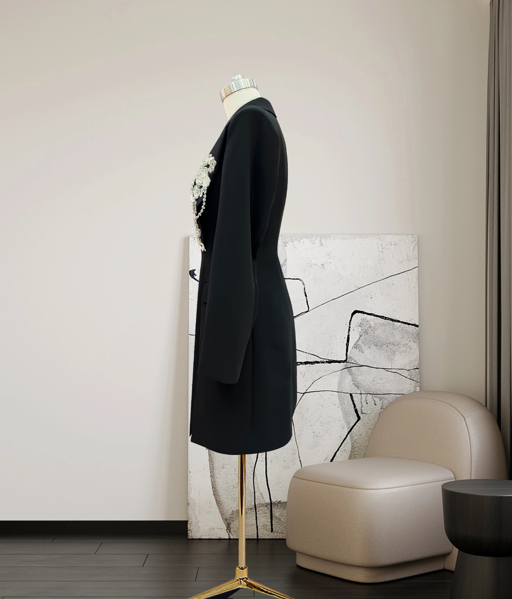 New Summer 3D Square Neck Black Beaded A-line Dress