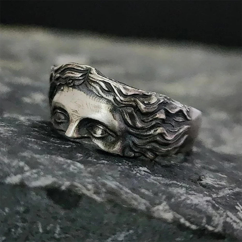 Anelli per uomo Anello creativo con maschera di Venere, rilievo in argento tailandese retrò con anello di apertura regolabile, regalo per conferenze