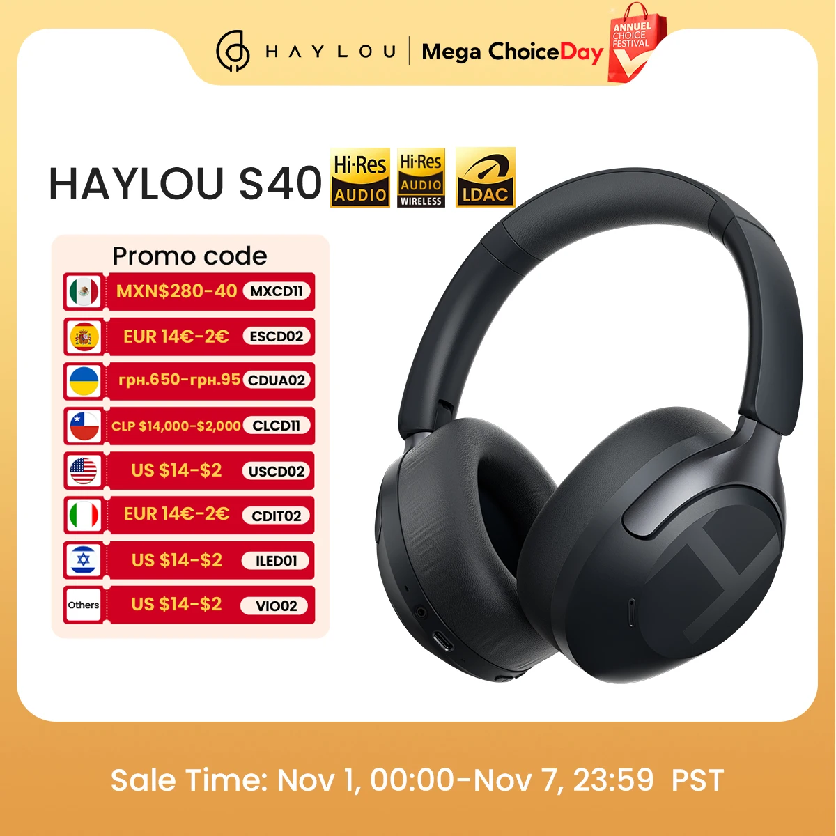 HAYLOU S40 ANC Беспроводные наушники 50 дБ с шумоподавлением Hi-Res 3D-пространственное аудио наушники с гарнитурой LDAC Bluetooth 6,0