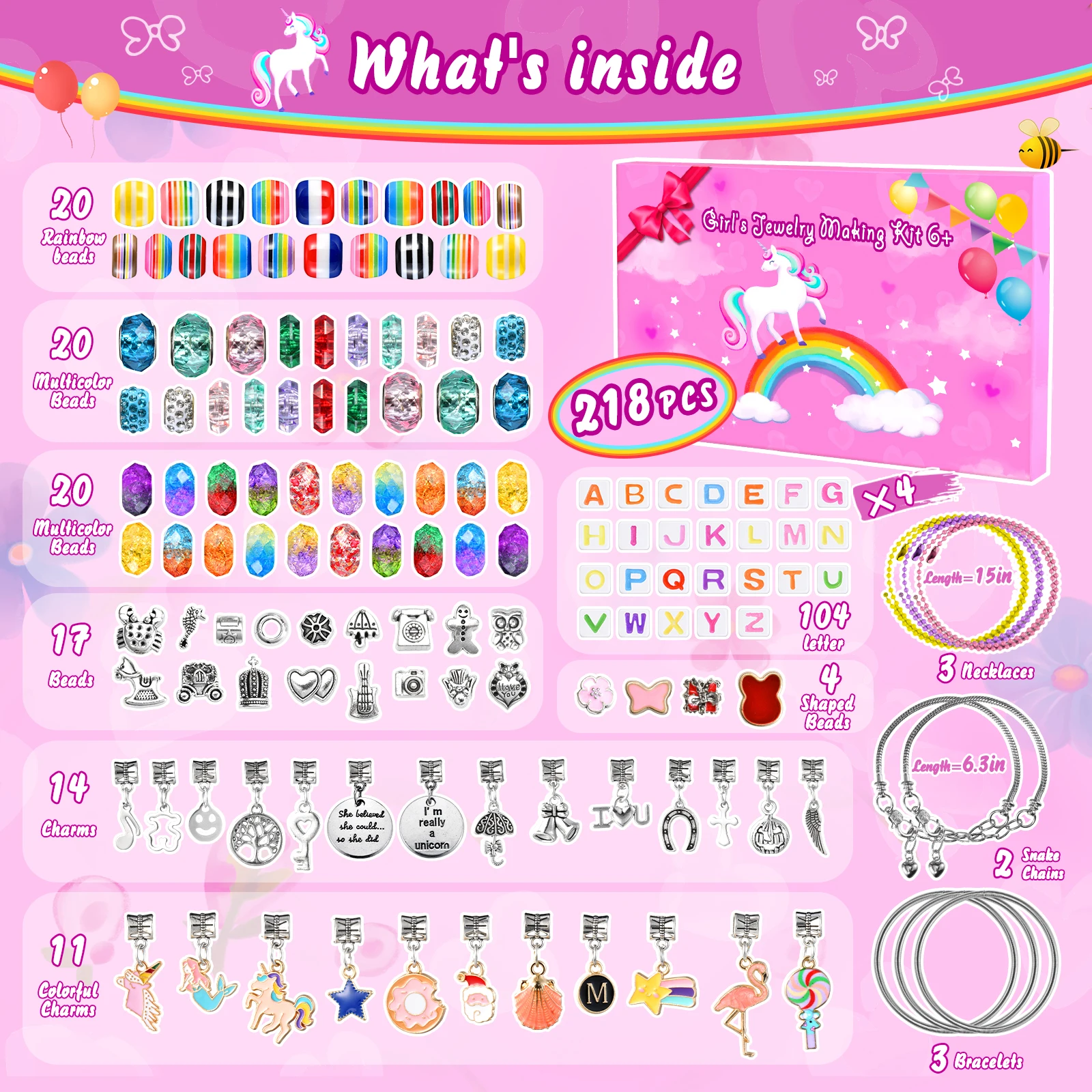 218 ชิ้น DIY สาว Charm สร้อยข้อมือสร้อยคอชุดสําหรับเครื่องประดับเด็กยูนิคอร์นอุปกรณ์ Make ความคิดสร้างสรรค์ศิลปะหัตถกรรมชุด