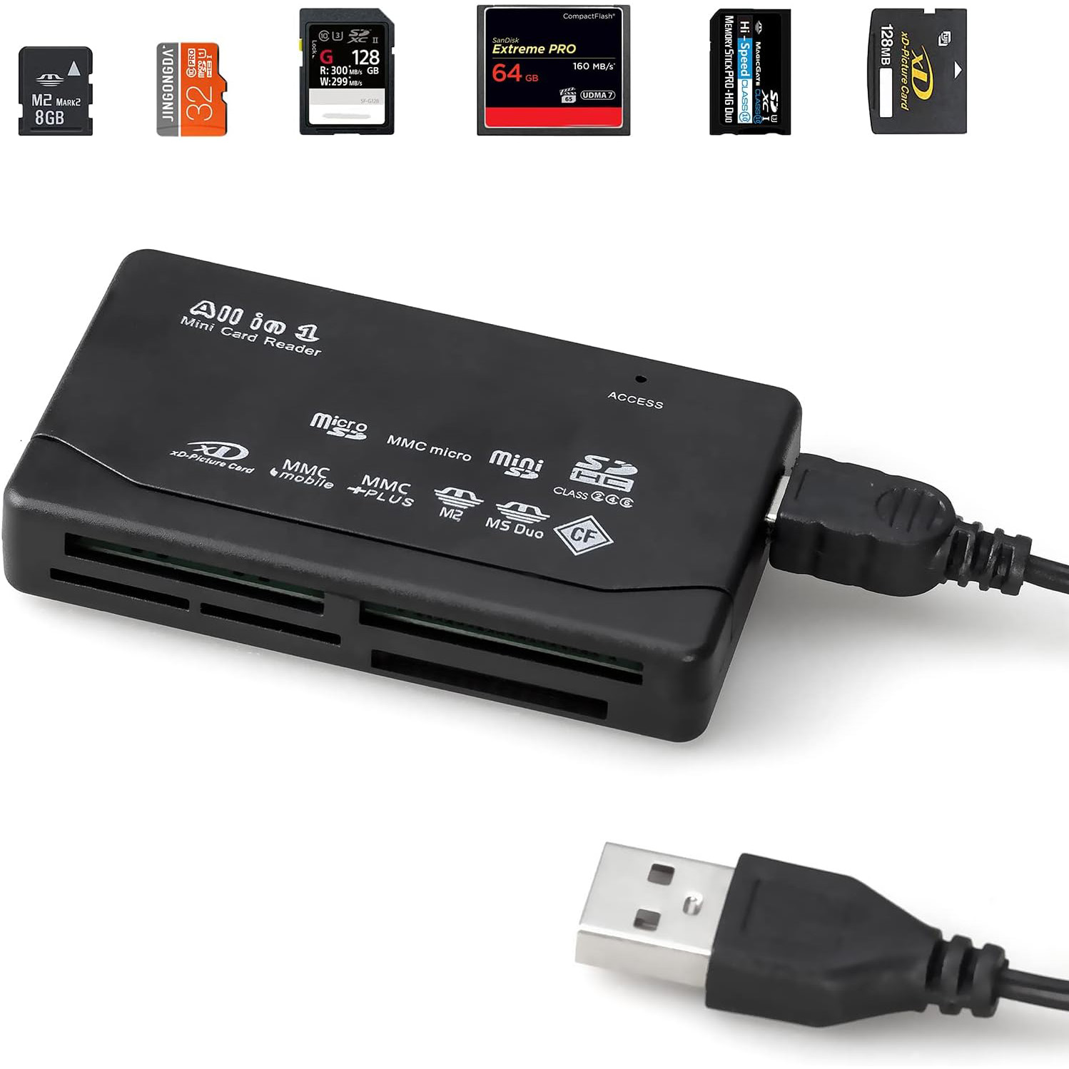 Leitor de Cartão de Memória para MP3, Câmera Digital, USB Externo, Tudo em Um, SD, SDHC, Mini, Micro, M2, MMC, XD, CF